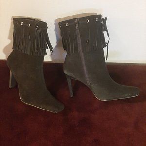 Dancing Heart, black leather fringe, square toe, women's  stiletto boots, sz 7.5